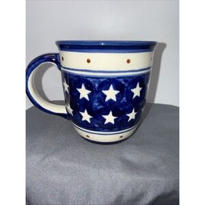Boleslawiec Polish Coffee Mug Pottery  Blue White Stars Poland Stoneware 12 oz